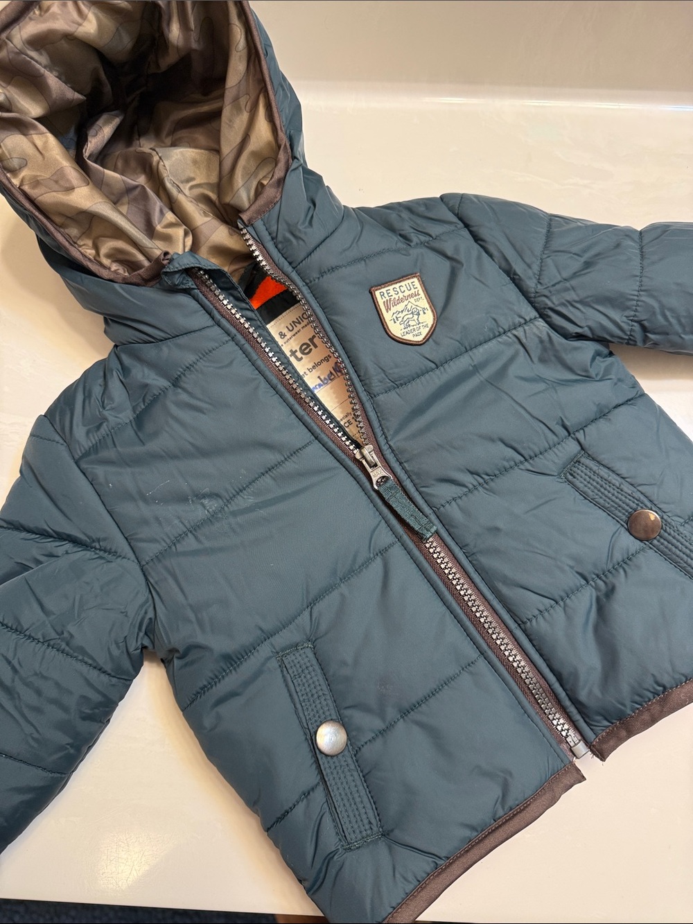 Carter's Teal Kids Puffer Jacket with Hood and Rescue Patch